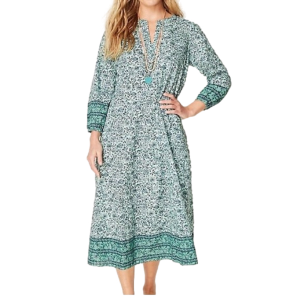 J Jill Size M Delicate Blooms Floral Boho Border Print Midi Dress Canal Blue New